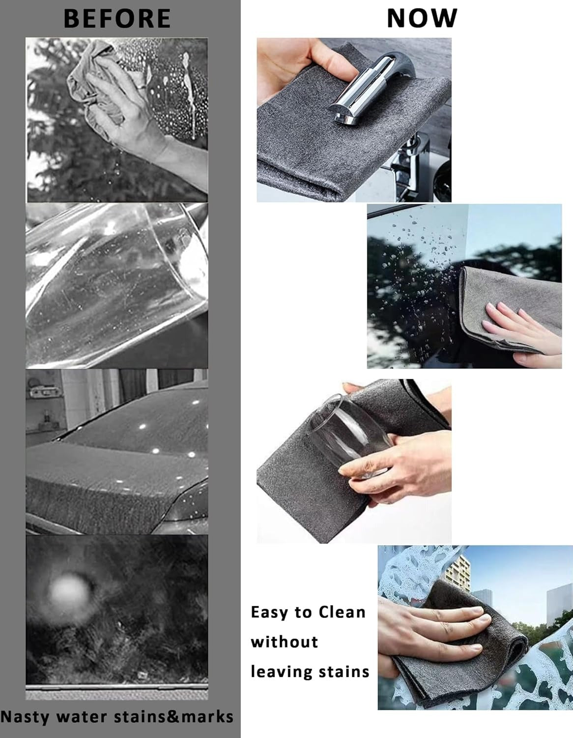 Before and after comparison of a car window with water stains being cleaned using a microfiber cloth.